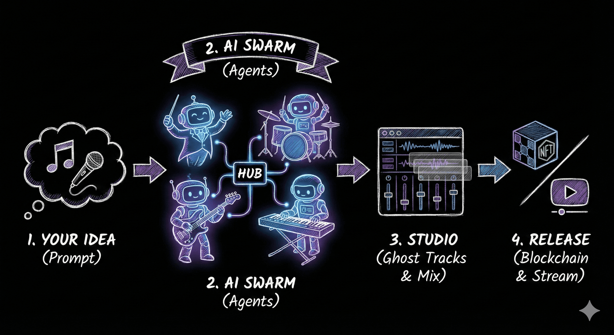 GrooveChain Pipeline: Your Idea → AI Swarm → Studio → Release